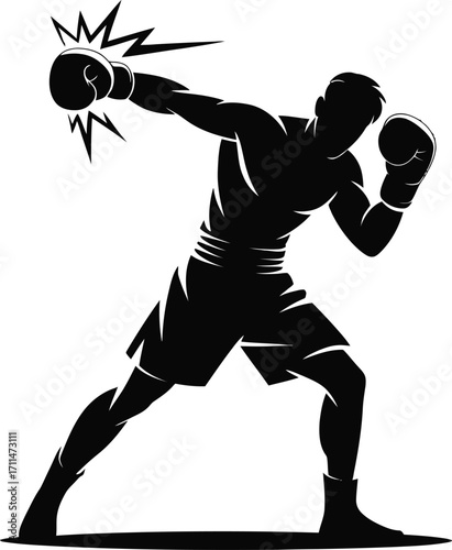 Dynamic Boxer Silhouette Illustration Punching with Forceful Impact Black Vector Design for Sports Enthusiasts and Fitness Promotion Artwork