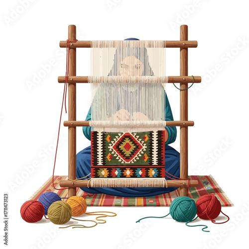 A woman sits at a loom, weaving a colorful rug with geometric patterns, surrounded by balls of yarn.