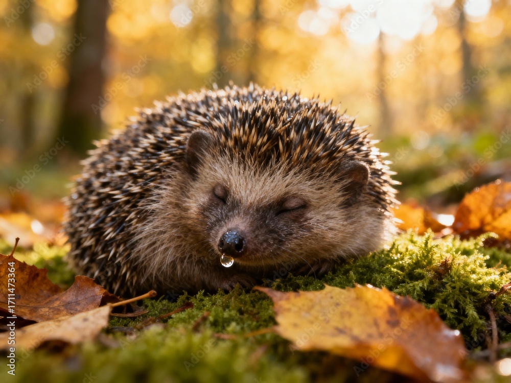 Fototapeta premium Adorable Sleeping Hedgehog on Moss, Warm Autumn Light