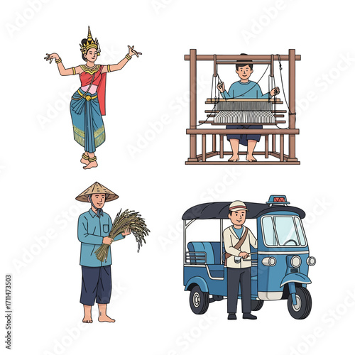 Traditional Thai people engaged in various cultural activities, including dancing, weaving, farming, and transportation.