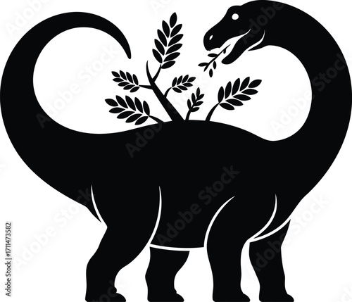 Dinosaur Silhouette Vector Illustration Apatosaurus Black Design: Prehistoric Herbivore with Foliage, Long Neck, and Tail in Graphic Style