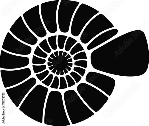 Ammonite Silhouette Vector Illustration Black Design: Fossil Shell with Spiral Pattern in Detailed Style, Isolated on Background