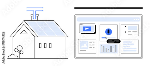 Smart house equipped with solar panels and a digital dashboard showing energy usage, performance metrics, notifications, and video. Ideal for technology, sustainability, renewable energy, smart