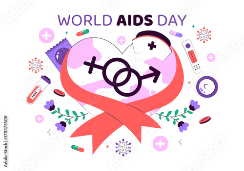 World AIDS Day Vector Illustration on December 1 featuring a Red Ribbon Symbol to Raise Awareness of the AIDS Epidemic in a Flat Style Background