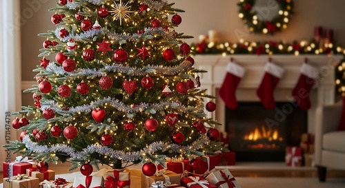 Christmas Tree with Presents and Fireplace.