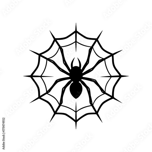 Black spider in a spiderweb illustration on transparent background