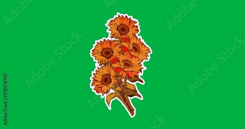 On play sunflower bouquet rotating back and forth on transparent blue canvas showcasing gentle sway