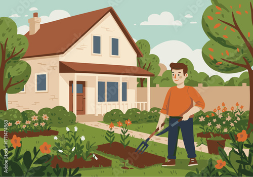Illustration of a man gardening in his front yard with a house, flowers, trees, and a pathway visible.