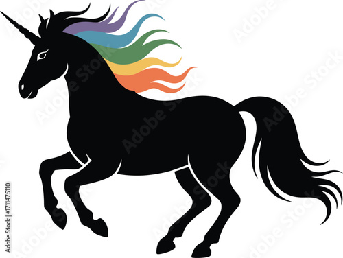 Unicorn Silhouette Illustration Vector Art A Black Horse with a Horn and Rainbow Mane in a Galloping Pose for Mythical Creature Designs