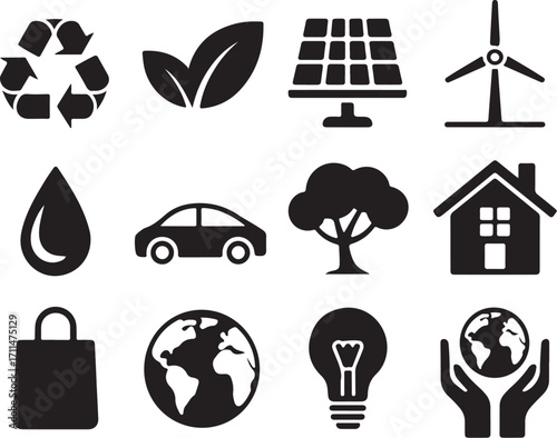 Eco friendly icons: recycle, leaf, solar, wind, water, car