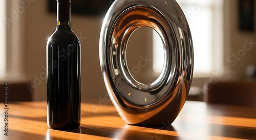 Elegant Wine Bottle and Decorative Silver Sculpture on Wooden Table.