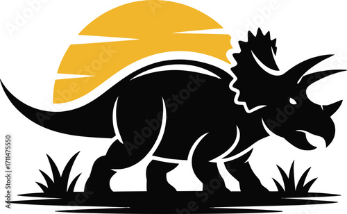 Triceratops Silhouette Illustration Vector: Black Dinosaur with Yellow Sun on Transparent Background for Prehistoric Era Educational Materials