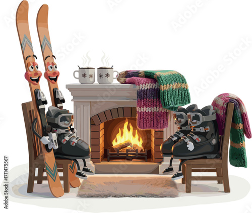 Cozy winter scene with fireplace skis and blankets