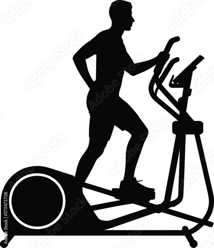 Black Silhouette Illustration of a Man Exercising on an Elliptical Machine Vector Graphic for Fitness and Health Concepts, Cardio Workout