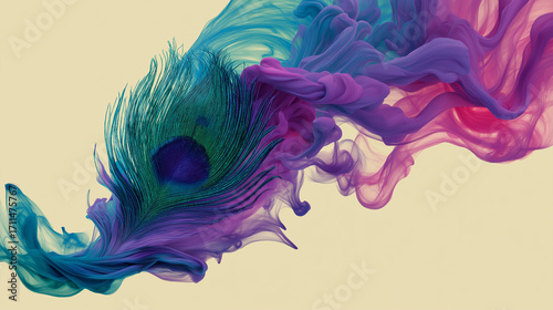 Peacock feather surrounded by swirling purple and blue smoke. Suitable for exotic or mystical design projects.
