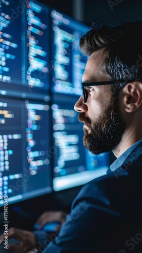 Focused bearded professional in glasses views line of computer code on multiple monitors, evaluating software and cybersecurity