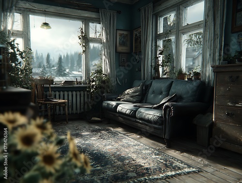 Cozy Living Room with Mountain View: An inviting living room bathed in natural light offers a breathtaking view of mountains, a perfect haven for tranquility and comfort.