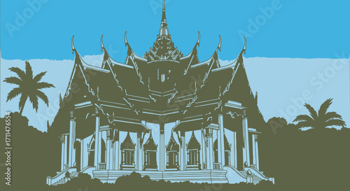 Serene Thai Temple Illustration with Palm Trees and Blue Sky, Ideal for Travel Guides, Cultural Art Projects, or Southeast Asian Tourism Promotions