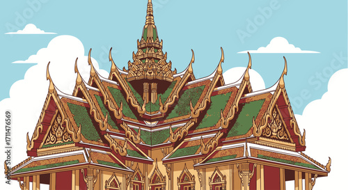 Exquisite Thai Temple Illustration Showcasing Traditional Architecture and Cultural Heritage, Ideal for Travel Guides and Educational Resources