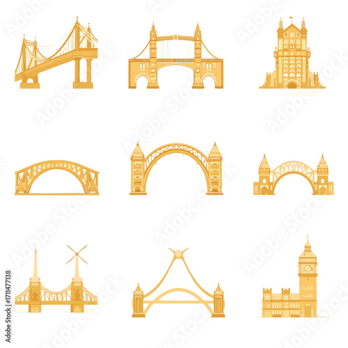 Architectural illustrations of bridges and buildings in gold tones. Perfect for classy design projects needing elegant building images.
