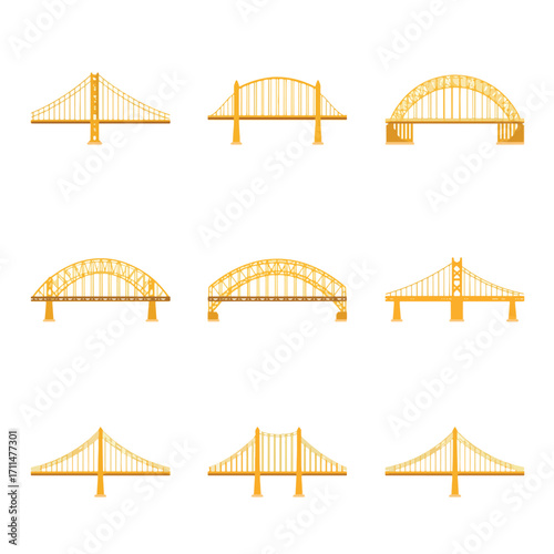 Architectural illustrations of bridges and buildings in gold tones.
