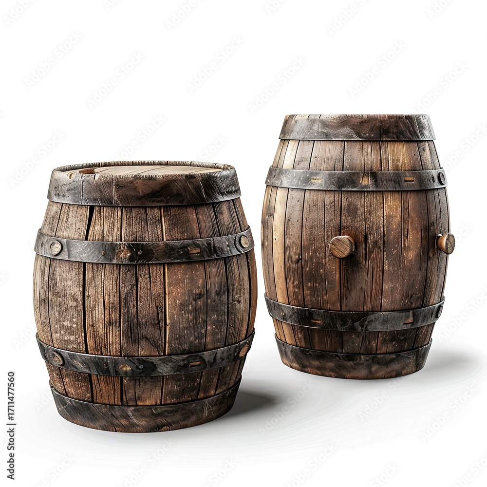Fototapeta premium Two rustic wooden barrels with metal bands, often used for storage or aging beverages.