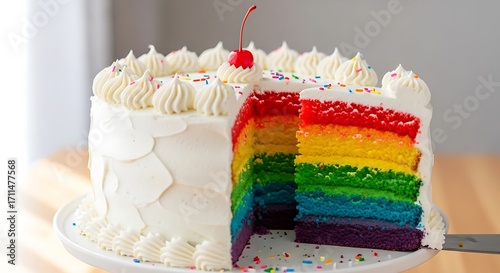 Rainbow Layer Cake Sliced Close Up.