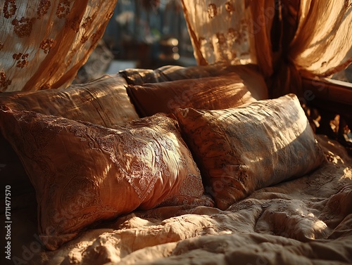 Serene Bedroom Bliss: A cozy bedroom scene bathed in the soft glow of sunlight, with an inviting bed adorned with plush pillows and draped curtains, offering a sense of peace and tranquility.