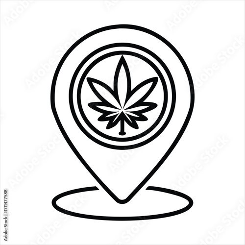 Minimalist black and white outline location pin icon with cannabis leaf symbol