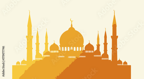 Elegant silhouette of a mosque with golden hues, ideal for illustrating Islamic culture, Ramadan greetings, or architectural design in religious contexts.