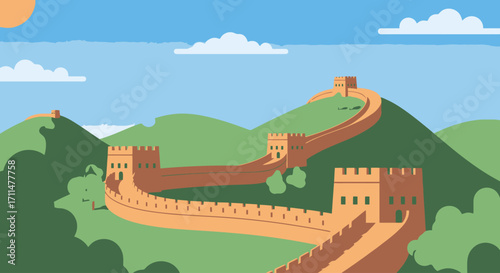 Illustrative Depiction of the Great Wall of China Amidst Rolling Green Hills and a Sunny Sky, Ideal for Educational Materials and Travel Brochures