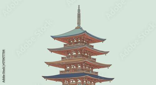 Traditional Japanese Pagoda Tower Illustration with Detailed Architecture and Cultural Significance for Tourism and Architectural Design Projects