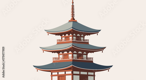 Illustration of a Traditional Japanese Pagoda Tower for Cultural Tourism Promotion and Architectural Study Projects Depicting Asian Landmarks