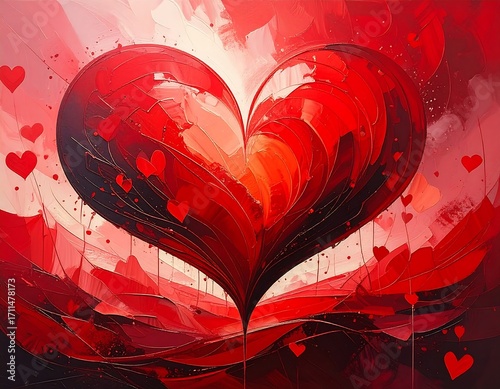 Abstract heart painting, vibrant reds and whites