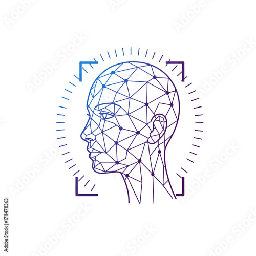 A futuristic digital human head, represented by a glowing blue and purple polygonal mesh, symbolizes artificial intelligence and facial recognition technology.