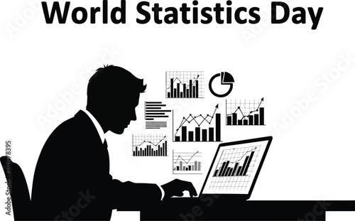 Silhouette of a person working laptop with statistics charts for world statistics day vector illustration