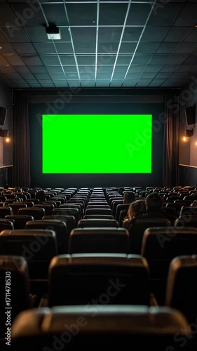 Empty cinema auditorium, dark interior with rows of vacant seats facing green screen, movie theatre setting, audience perspective, theater lights, interior design