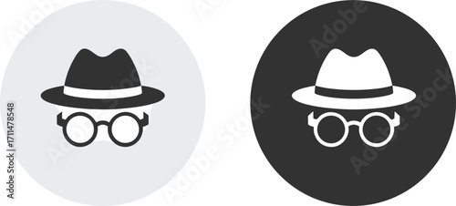 Two circular icons one light gray and one black showing a hat and glasses symbol incognito