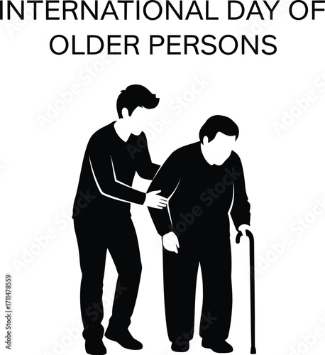 International day of older persons illustration with young man helping senior man promoting the rights and wellbeing