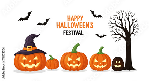Joyful Halloween pumpkins and bats celebrate the festive season under a spooky tree
