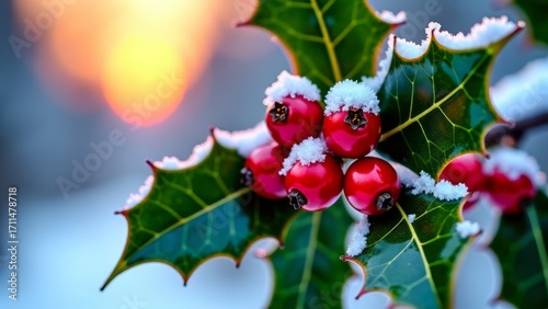 Holly berries with snow on leaves