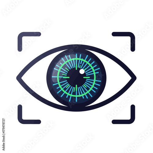 An illustration depicts a futuristic eye with a digital scan overlay, representing biometric identification and security, set against a clean, white background.