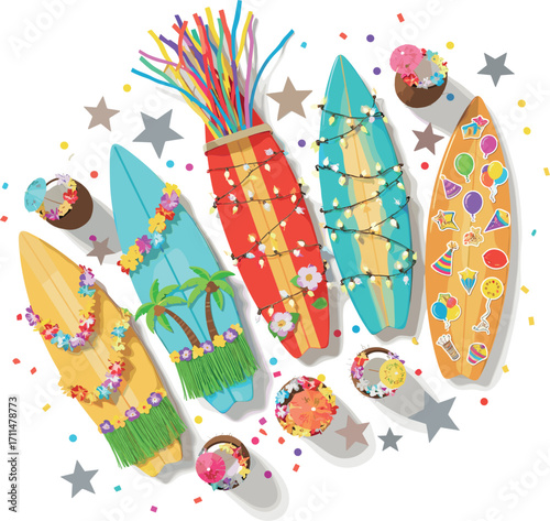 Colorful surfboards decorated with tropical themes and festive lights