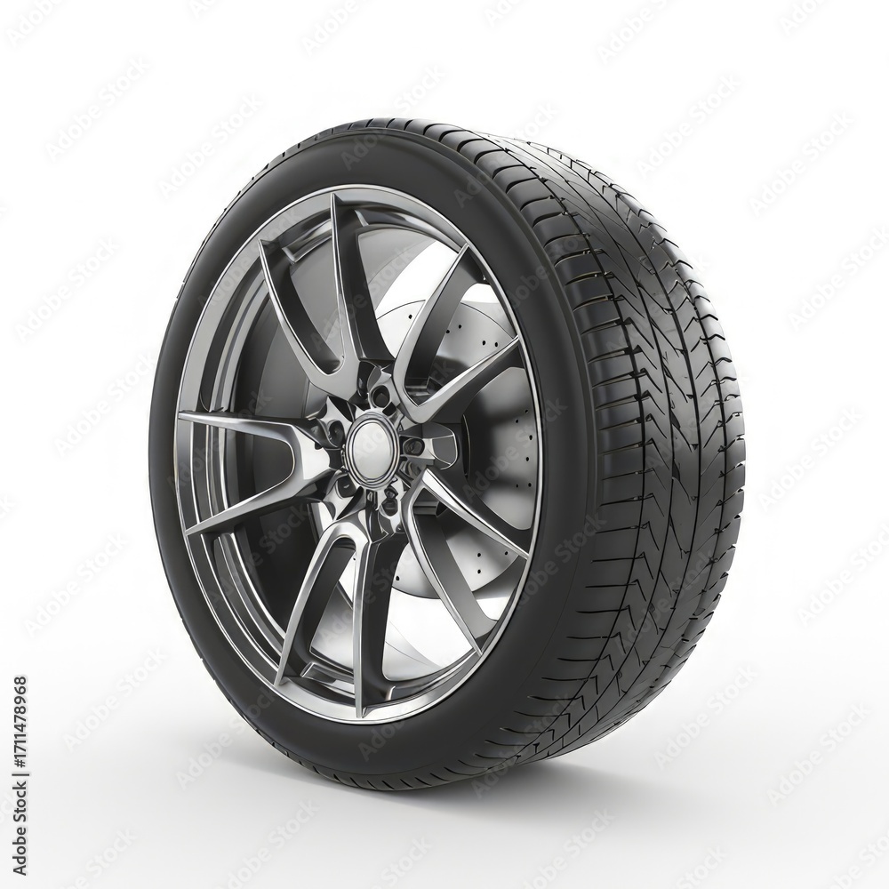 Obraz premium A sleek alloy wheel with a performance tire, designed for vehicles.