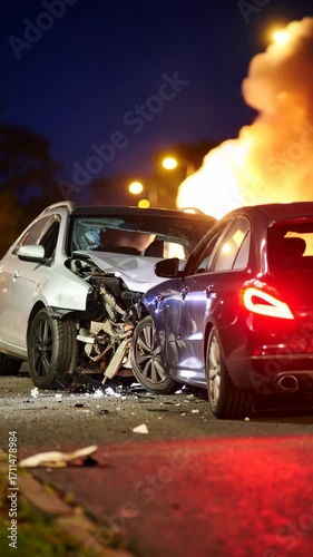 Two cars heavily damaged from collision at night, fire erupting in background, debris scattered across the asphalt road.