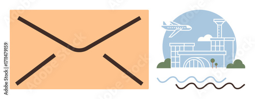 Large envelope paired with an airport scene, including an airplane and terminal. Ideal for mail, travel, global communication, logistics, air transport, connectivity, simple flat metaphor