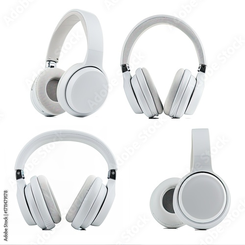 A collection of white headphones displayed from multiple angles for product showcase.