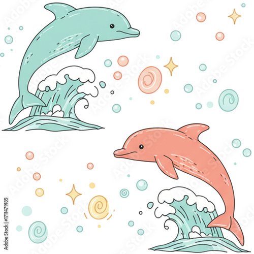 vector illustration of a set of cartoon dolphins