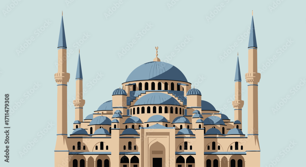 Fototapeta premium Majestic Mosque Illustration Featuring Architectural Details, Dome Structures, and Minarets for Cultural Heritage and Travel Destination Purposes