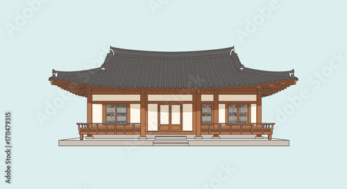 Traditional Korean Architecture Illustration of Buddhist Temple for Cultural Heritage Preservation and Educational Resources. Used for travel guides, historical documentaries
